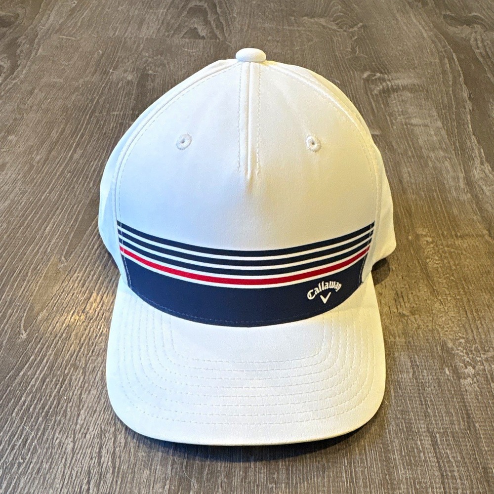 Callaway Flexfit 110 Golf Hat Adjustable White Navy Red Striped Logo